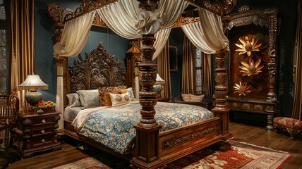 Wall Mural - This image presents a refined traditional Asian bedroom, featuring an exquisite rosewood four-poster bed, capturing the essence of timeless elegance and cultural heritage.