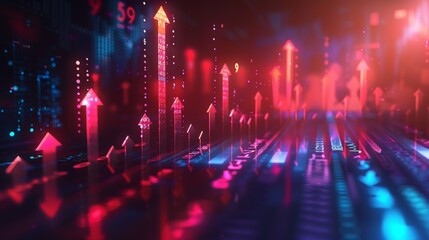 Poster - Technology background with futuristic rise arrows. Big data, companies expanding, and stock and investment markets. Generative artificial intelligence.