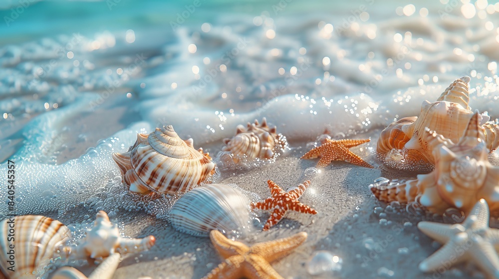 Shells and starfish on the beach, sunny tropical beach with turquoise ...