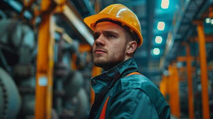 Poster - Hard-hatted industrial engineers at the heavy industry manufacturing factory. Man working in an industrial factory. Safety first.