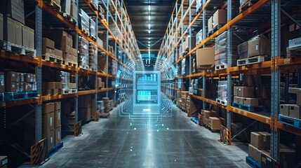 Poster - Using augmented reality technology in warehouses to identify package pickup and delivery. Future supply chain and logistics concept.