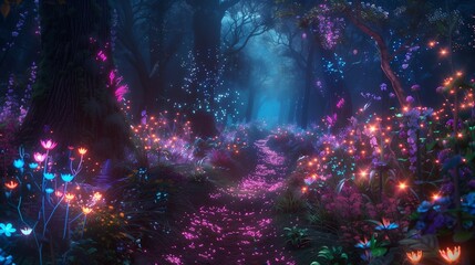 Neon fairy tale forest with luminous flowers, mystery path in dark magical woods, glowing plants and lights in wonderland. Concept of fantasy night, beauty, nature, landscape, art