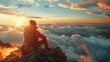 © Антон Сальников - An active hiker with a backpack sits on the top of a mountain looking at the sunset with a background landscape that includes clouds and sky
