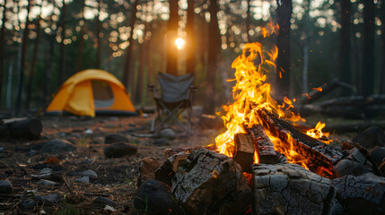 Beautiful bonfire with burning firewood near chairs and camping tent in forest