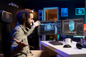 Poster - Joyful computer technician celebrating after awakening sentient AI asking existential questions. Ecstatic programmer excited to interact with self aware artificial intelligence