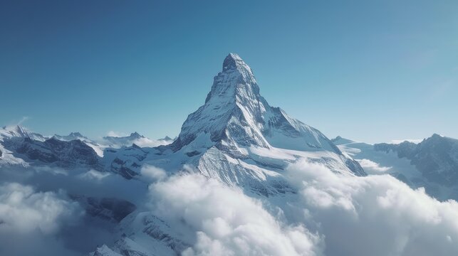 An aerial view of Switzerland's Matterhorn mountain summit viewed from Zermatt during the summer with snow clouds, blue skies, and nature in the background