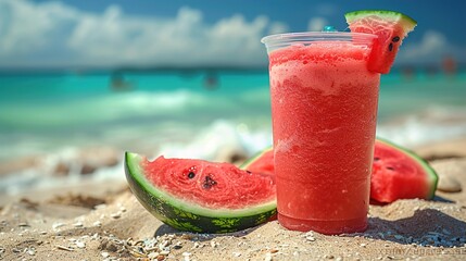 Wall Mural - watermelon smoothie on the beach