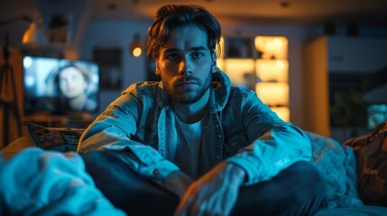 The concept image shows an isolated male sitting on his sofa at home staring at the camera like he's watching television at night, or if he is a divorced guy.