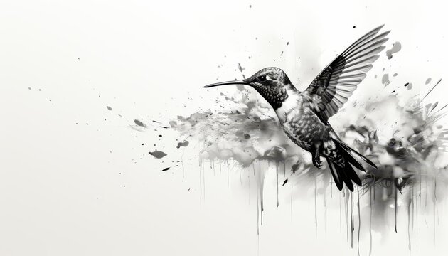 Hummingbird and nectar flat design side view feeding water color black and white