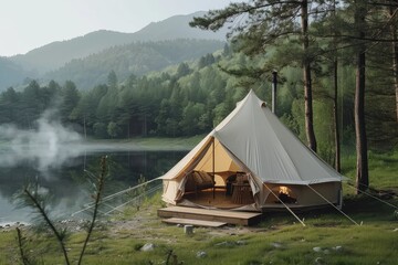 glamping houses in nature forest by lake. open traditional canvas bell tent house with modern furnit