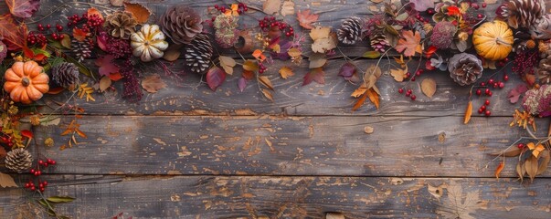 Canvas Print - A colorful autumnal leaf banner on vintage wood for Thanksgiving