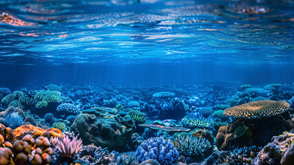 coral blue water in the ocean, oceanic view, underwater life scene, coral blue background