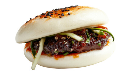 Close-up of a bao bun with savory filling, garnished with shredded vegetables and sesame seeds, perfect for Asian cuisine themes.