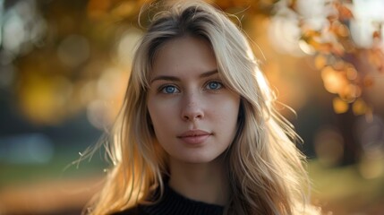 Wall Mural - portrait of a beautiful blonde woman in a daytime park with blurred background in high resolution and high quality. portrait concept