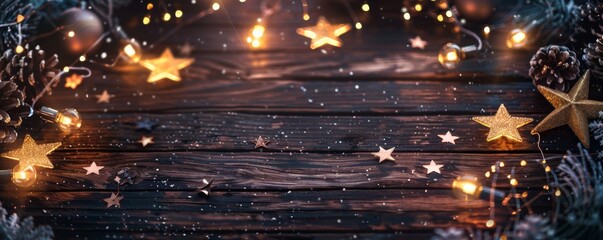 Poster - A rustic wooden table with star and string lights decorated for Christmas