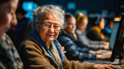 Poster - An elderly group attends a computer and technology education class.