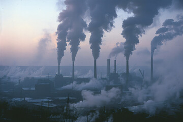 An image portraying the stark reality of environmental pollution caused by industrial factories emitting carbon gas. Thick plumes of smoke billow from towering chimneys, mingling with the atmosphere