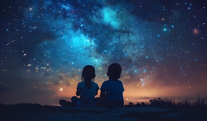 Two children sitting on the ground looking at stars in sky, fantasy world, dreamy, beautiful night sky