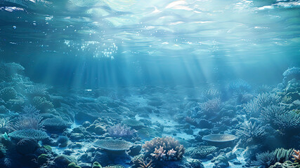 Wall Mural - coral blue water in the ocean, oceanic view, underwater life scene, coral blue background
