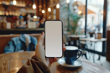 Mockup, using cell phone in a cafe coffee shop. Woman holding using smartphone with blank screen for display your graphic ads, mobile app. close-up