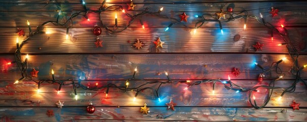 Wall Mural - The Christmas light decorations are illuminated with string lights on a wooden table