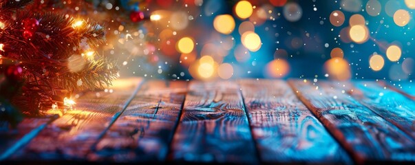 Poster - Defocused abstract Christmas Table with Fir Branches, Lights, And Ornaments