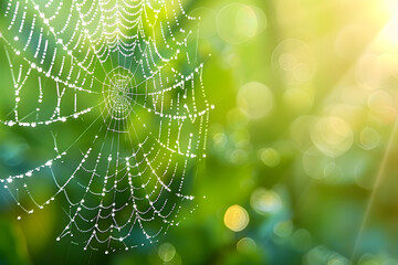 A detailed macro shot of morning dew on a spider web, with a blurred natural background providing plenty of copy space