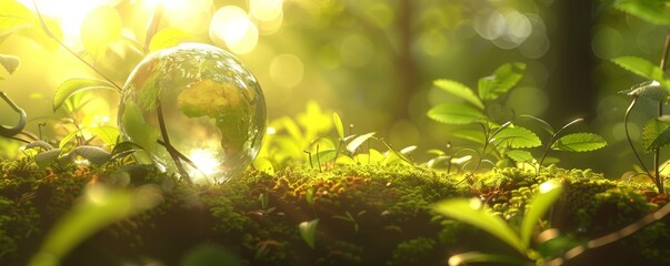 Wall Mural - The environment for Earth Day - A globe is surrounded by moss and abstract sunlight that is defocused