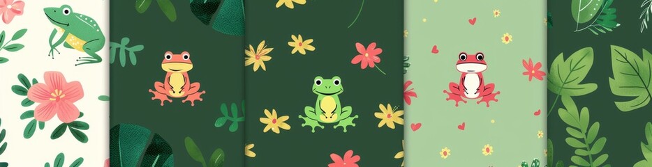Poster - Modern illustrations of Branches, Flowers, Leaves, Frogs, and Water Lillies. Suitable for fashion, textile, wrapping paper. Colorful seamless patterns, wallpapers, and backgrounds.