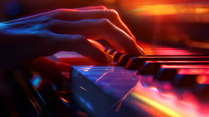 Wall Mural - Close-up of a hand playing piano keys with vibrant lighting reflecting off the keys, creating a warm, artistic atmosphere.