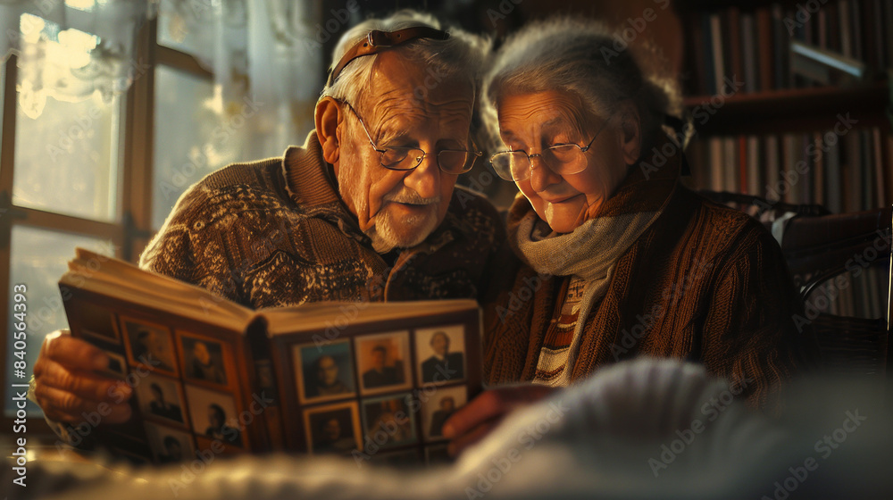 Elderly couple looking through a photo album in a warmly lit room ...