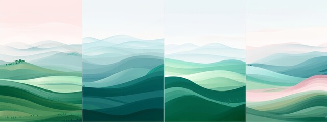 Poster - Hand drawn trendy modern illustration with an abstract sky, field, grass, green hills, horizon. Nature, tourism, travel concept. Backgrounds, posters, wallpapers.