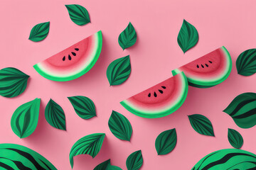 Wall Mural - Juicy ripe flying watermelon, watermelon slices and green leaves isolated on soft pink background.