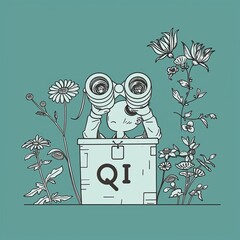 Poster - a young woman peering through a spyglass telescope at a search bar with flowers. a concept of search