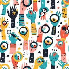 Poster - the human hand with binoculars, magnifying glass, scope, is searching for, finding, surfing the inte