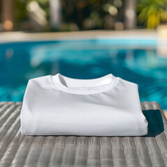 Wall Mural - Mockup of a cloth for an advertisement, poster, or art design. A basic white folded t-shirt is displayed on a table, pool background for summer advertisement.