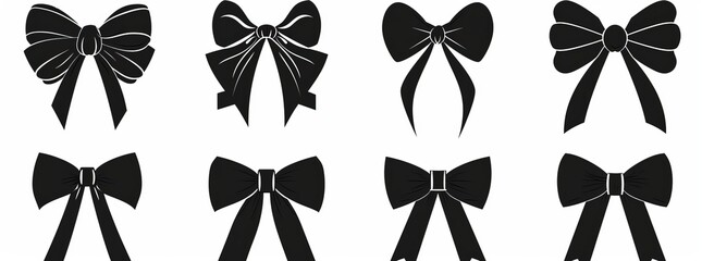 Wall Mural - Hand drawn modern illustration of bow knots, tie ups, gift bows. Isolated black design elements. Wedding celebration, holiday, party decoration, gift, frame, border, present concept.