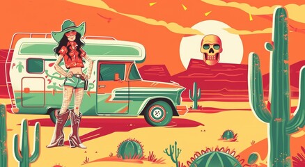 Wall Mural - Various objects. Cowboy theme with boots, gun, cactus, snake, lady in hat, camper, skull and cigarette. Modern illustration set that has been hand drawn and colored in color.