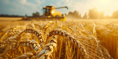 Golden sunlight wheat field agriculture concept with agriculturist working in combine harvester machine in background, seasonal concept.