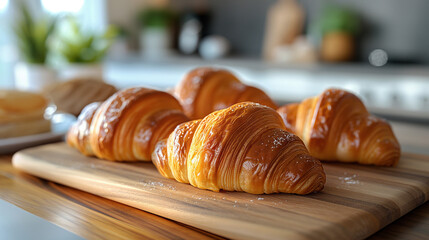 Wooden board with tasty croissants on table in modern kitchen.
