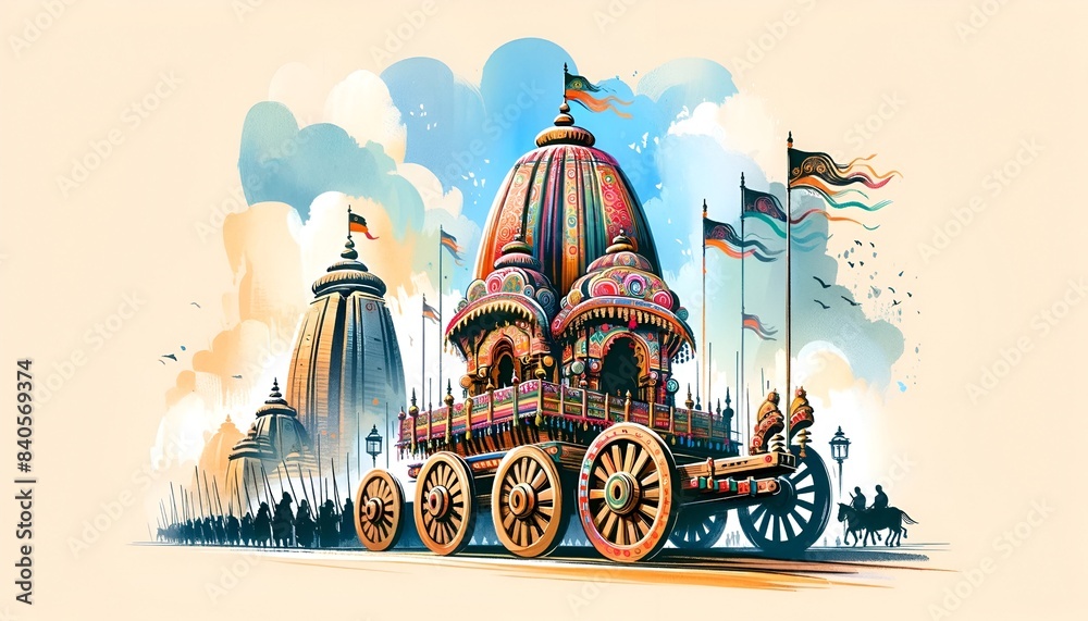 Illustration of the Rath Yatra with a large and ornately decorated ...