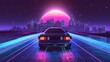 © Bijac - retro futuristic 1980s style 3d car driving in neon city synthwave digital illustration