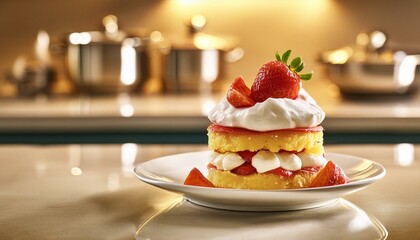 Wall Mural - Strawberry shortcake with whipped cream dessert on a white plate; modern kitchen counter; golden color; surreal lighting