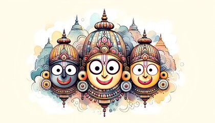 Wall Mural - Watercolor illustration of the Rath Yatra with three stylized faces.