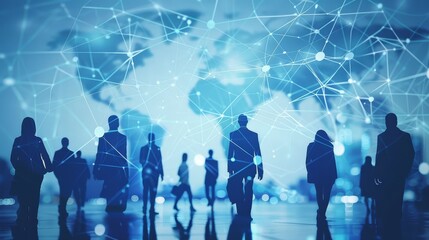 Fototapete - Silhouettes of people against a digital world map background, representing global connectivity and networking in the modern business world.