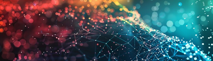 Fototapete - Abstract colorful digital network background with bokeh light effects, showcasing a modern and futuristic technology theme.