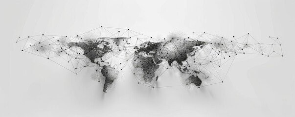 Poster - Abstract world map with dotted network lines, showing global connections and communications, on a light background. High resolution, monochrome design.
