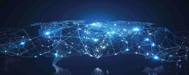 Aufkleber - Futuristic digital network over world map with glowing blue nodes and lines, representing global connectivity and data exchange.
