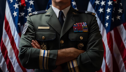 Wall Mural - A man in a military uniform stands in front of a large American flag