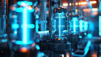 Aufkleber - Futuristic industrial machinery with glowing blue lights, emphasizing advanced technology and innovation in a sleek, modern environment.